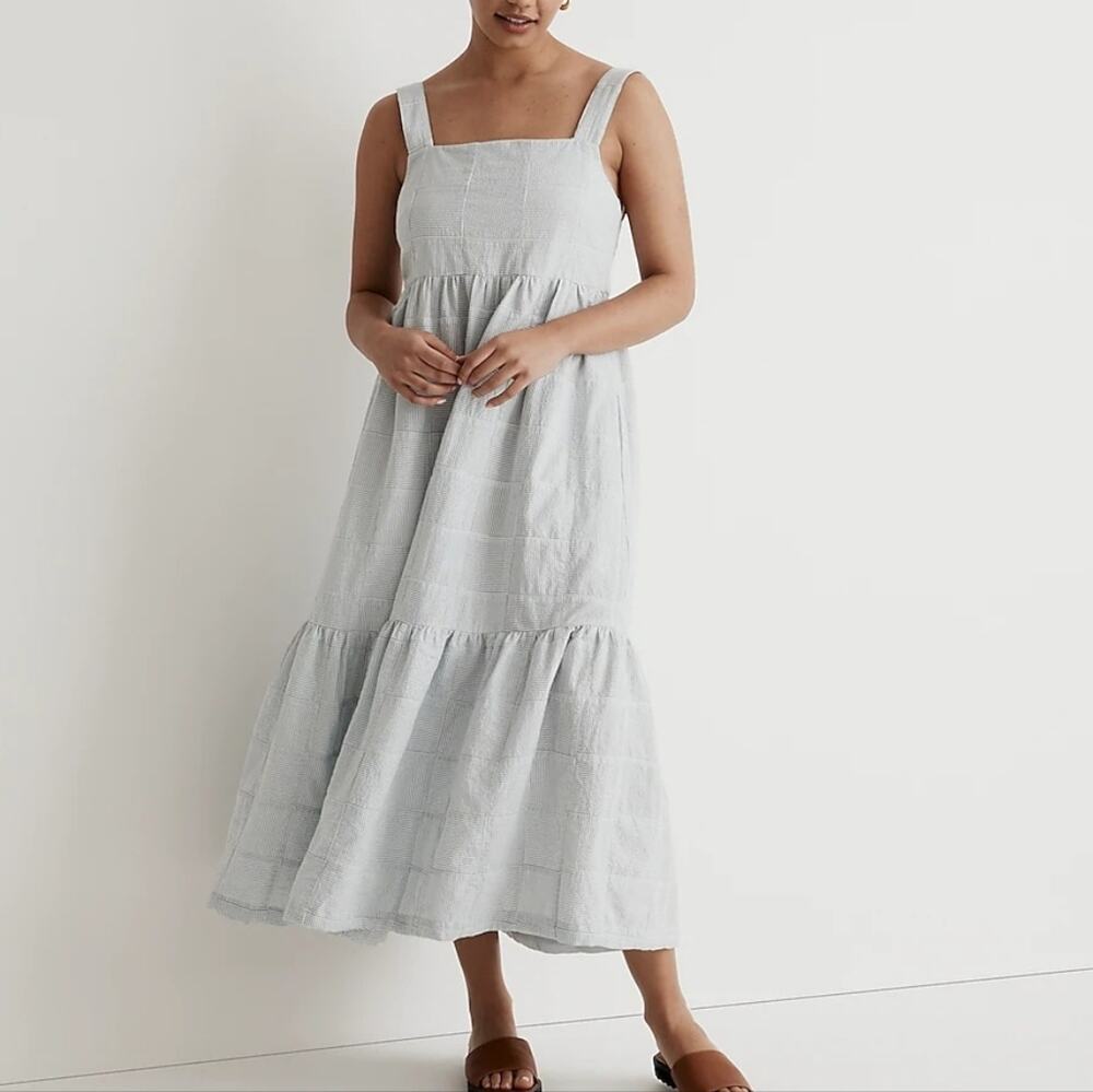 NWT Madewell Cicely Tiered Midi Dress Earthsea Seersucker Patchwork Blue S